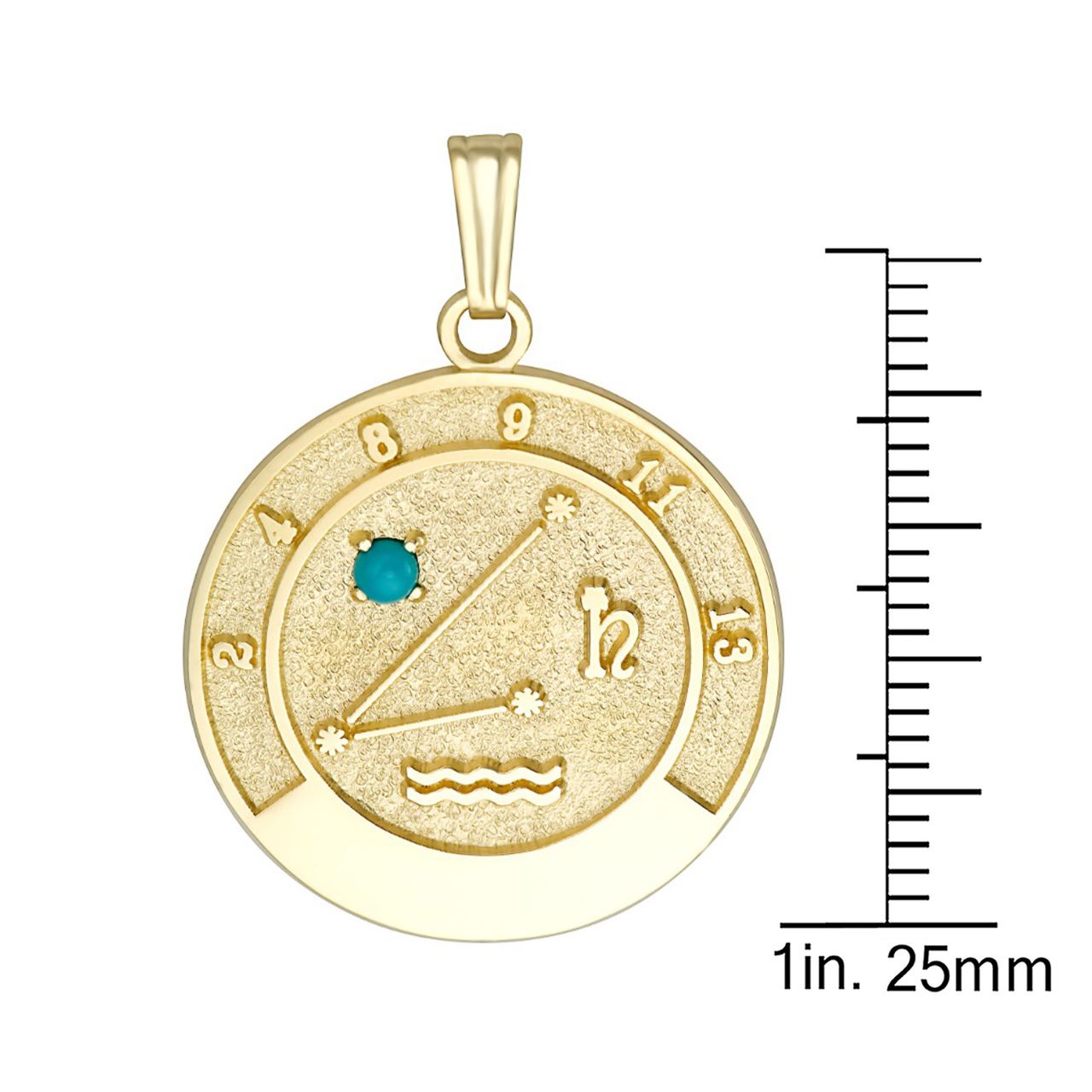 Close-up of Aquarius talisman pendant in 14K yellow gold with turquoise gemstone