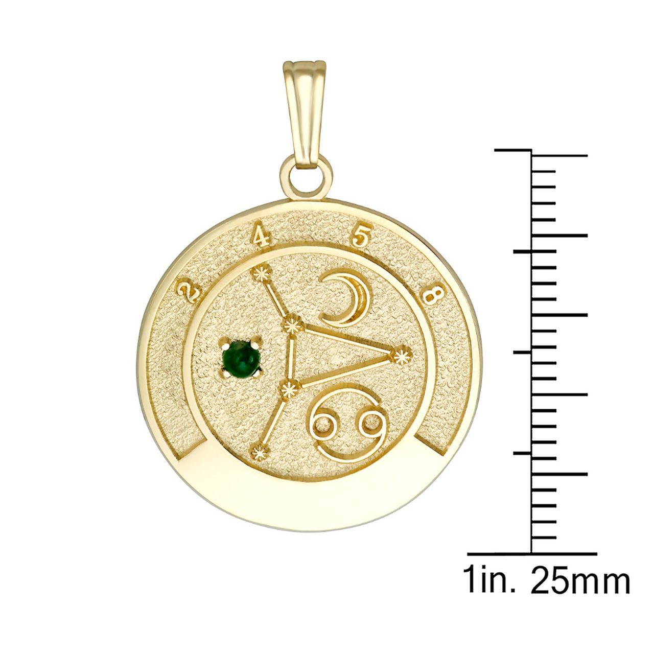 Front view of the 14K Gold Cancer Talisman Pendant with size bar for reference.
