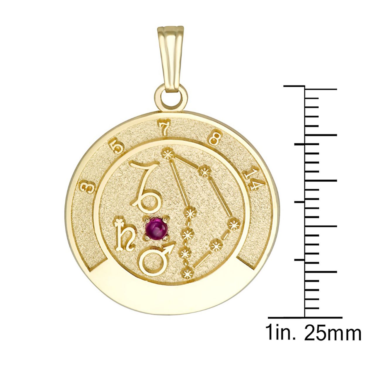 Close-up of Capricorn talisman pendant in 14K yellow gold with 2.5mm ruby stone