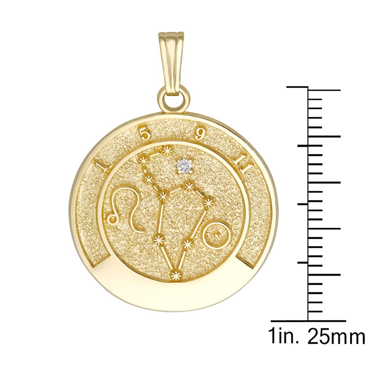 Close-up of Leo talisman pendant in 14K yellow gold with diamond