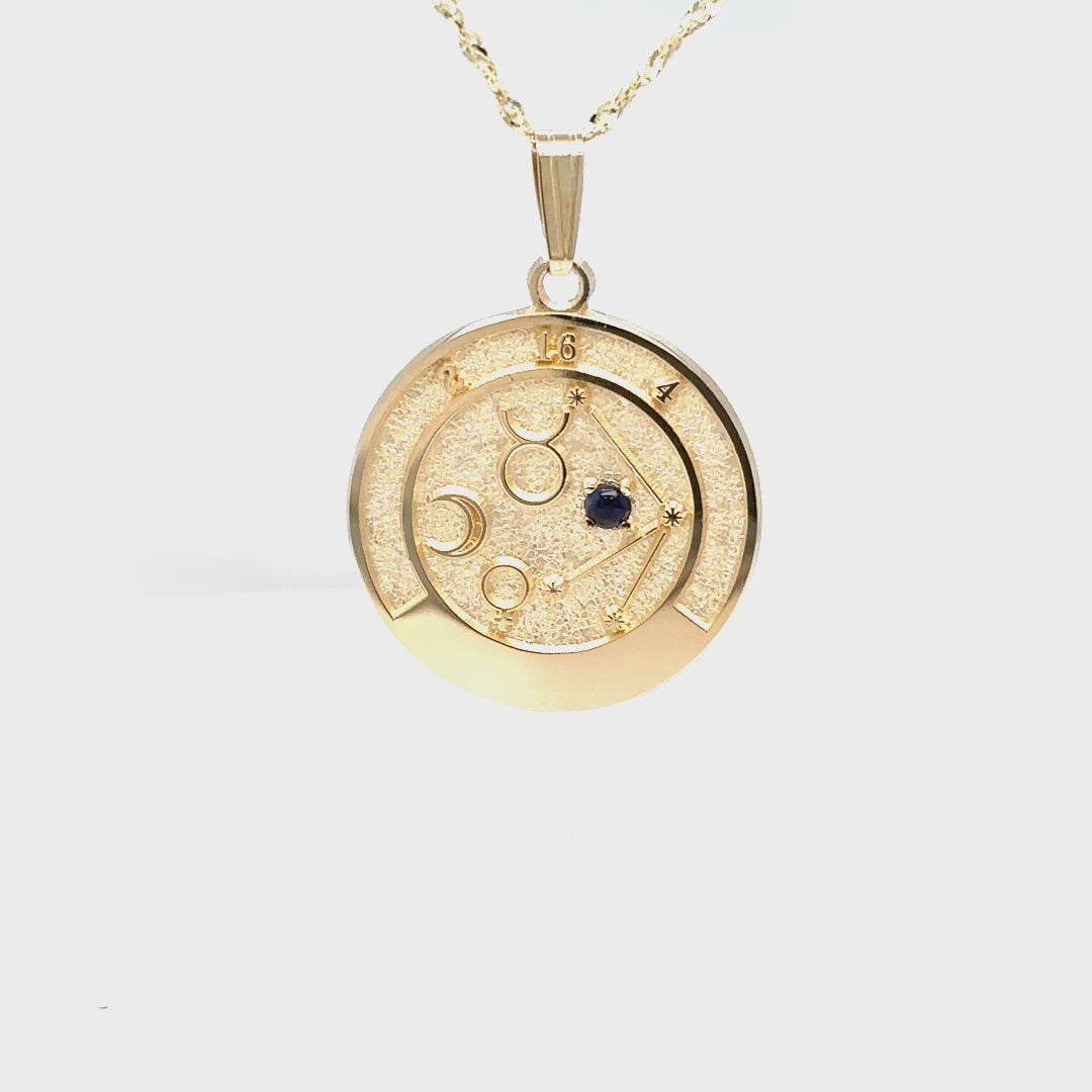 Video showcasing the 14K Gold Taurus Talisman Pendant design, details, and sapphire gemstone.