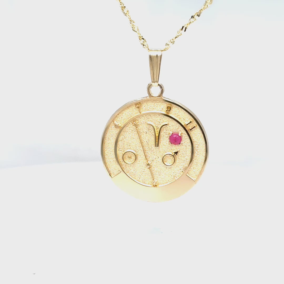 Video of 14K Gold Aries Talisman Pendant showcasing design and ruby gemstone.