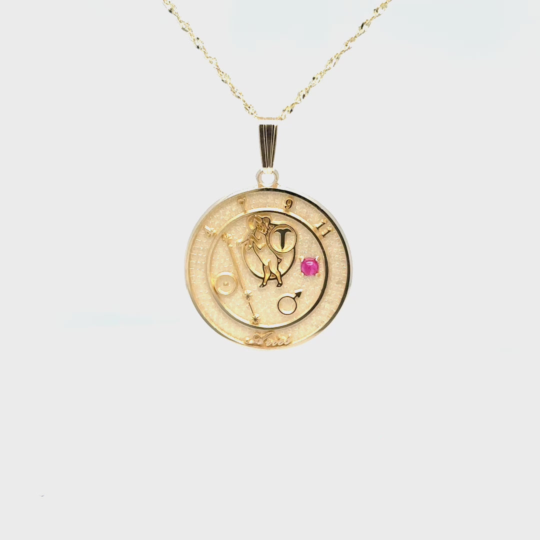 Video of 10K Gold Aries Talisman Pendant showcasing design and ruby gemstone.