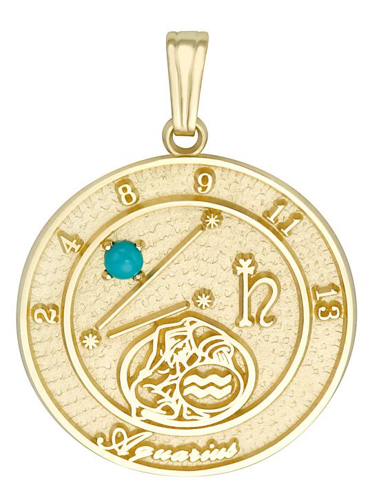 10K gold Aquarius talisman pendant with turquoise stone and Aquarius constellation design, ruling planets, and your astrological lucky numbers.