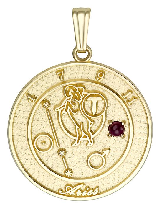 10k gold Aries talisman pendant with ruby gemstone and Aries zodiac design