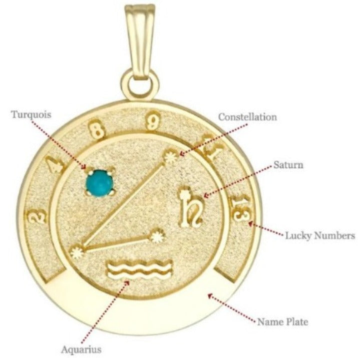 Front view of 14K gold Aquarius zodiac talisman pendant featuring turquoise stone