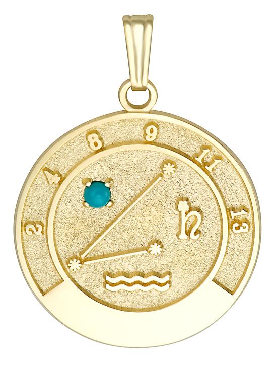 14K gold Aquarius talisman pendant with turquoise stone and Aquarius constellation design, ruling planets, and your astrological lucky numbers.