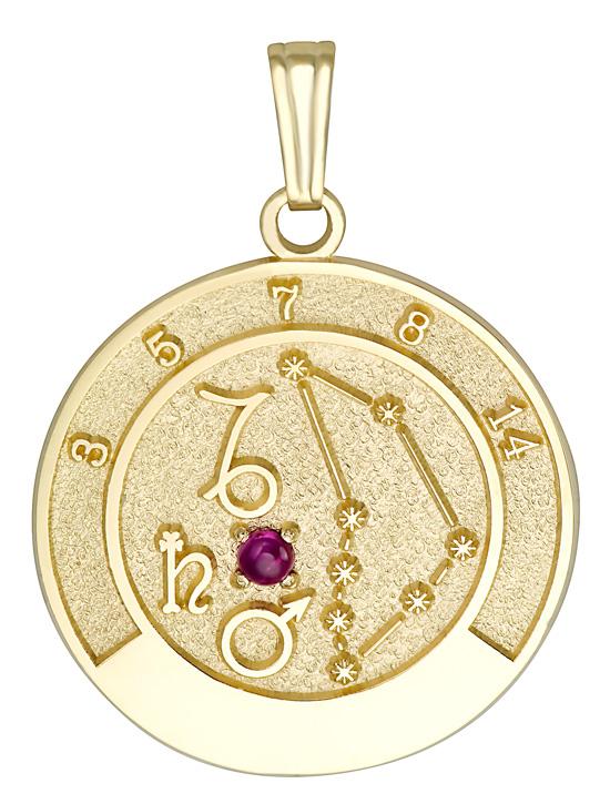 14K gold Capricorn talisman pendant with ruby stone and Capricorn constellation design