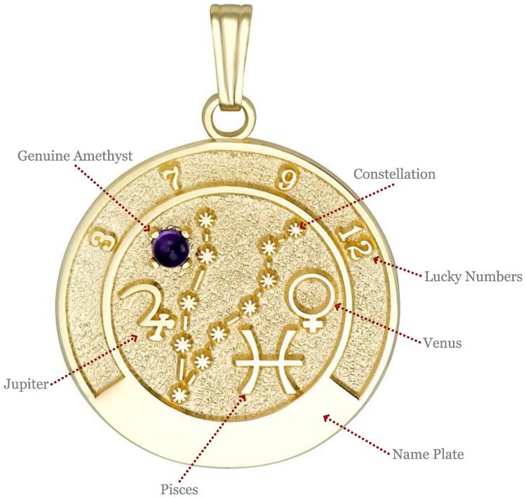 Close-up of Pisces talisman pendant in 14k yellow gold featuring 2.5mm amethyst stone