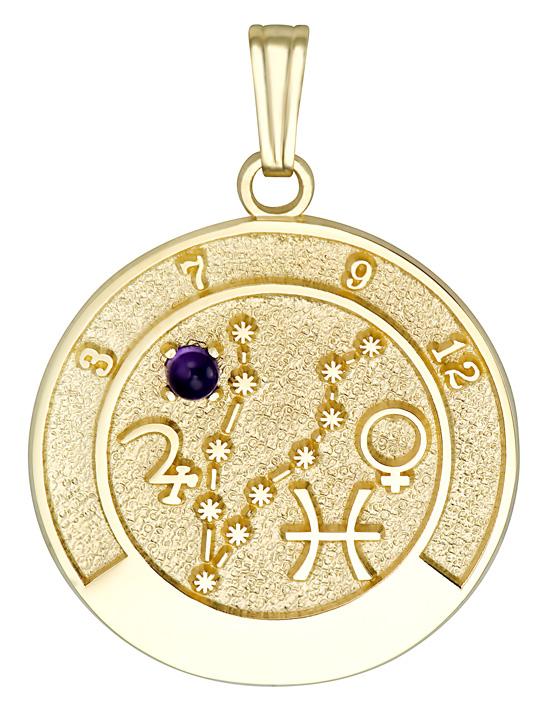 14k gold Pisces talisman pendant with amethyst gemstone and Pisces zodiac design