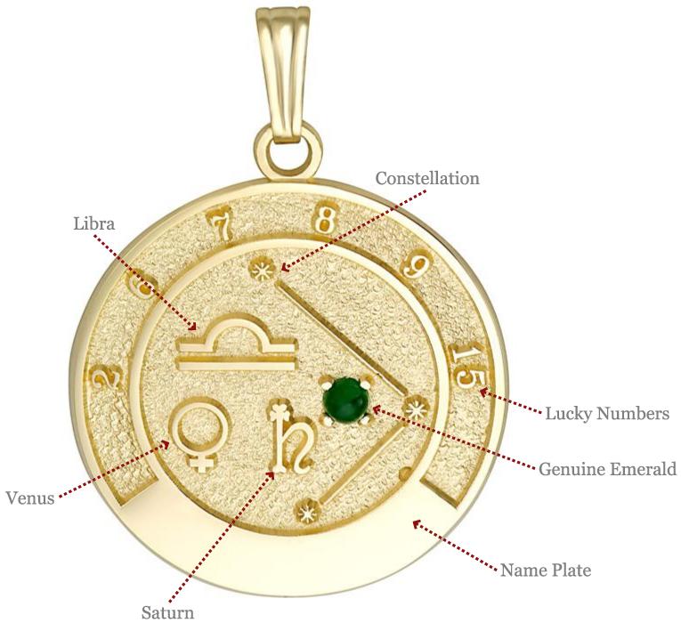 Close-up of Libra talisman pendant in 14k yellow gold with a 2.5mm emerald stone.