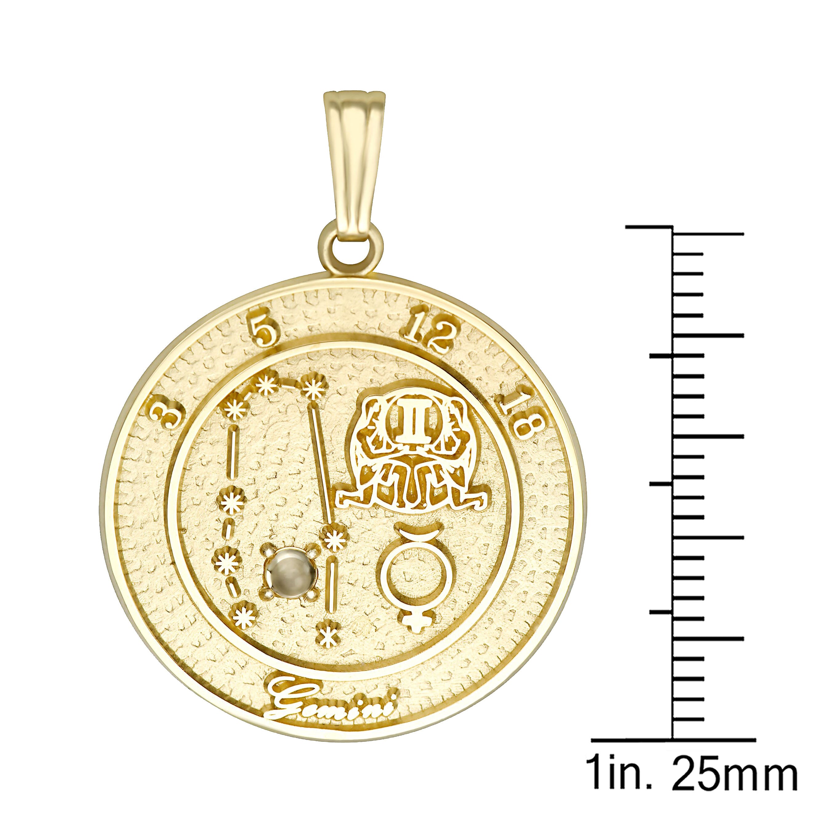 10K gold Gemini talisman pendant with topaz stone and Gemini constellation design