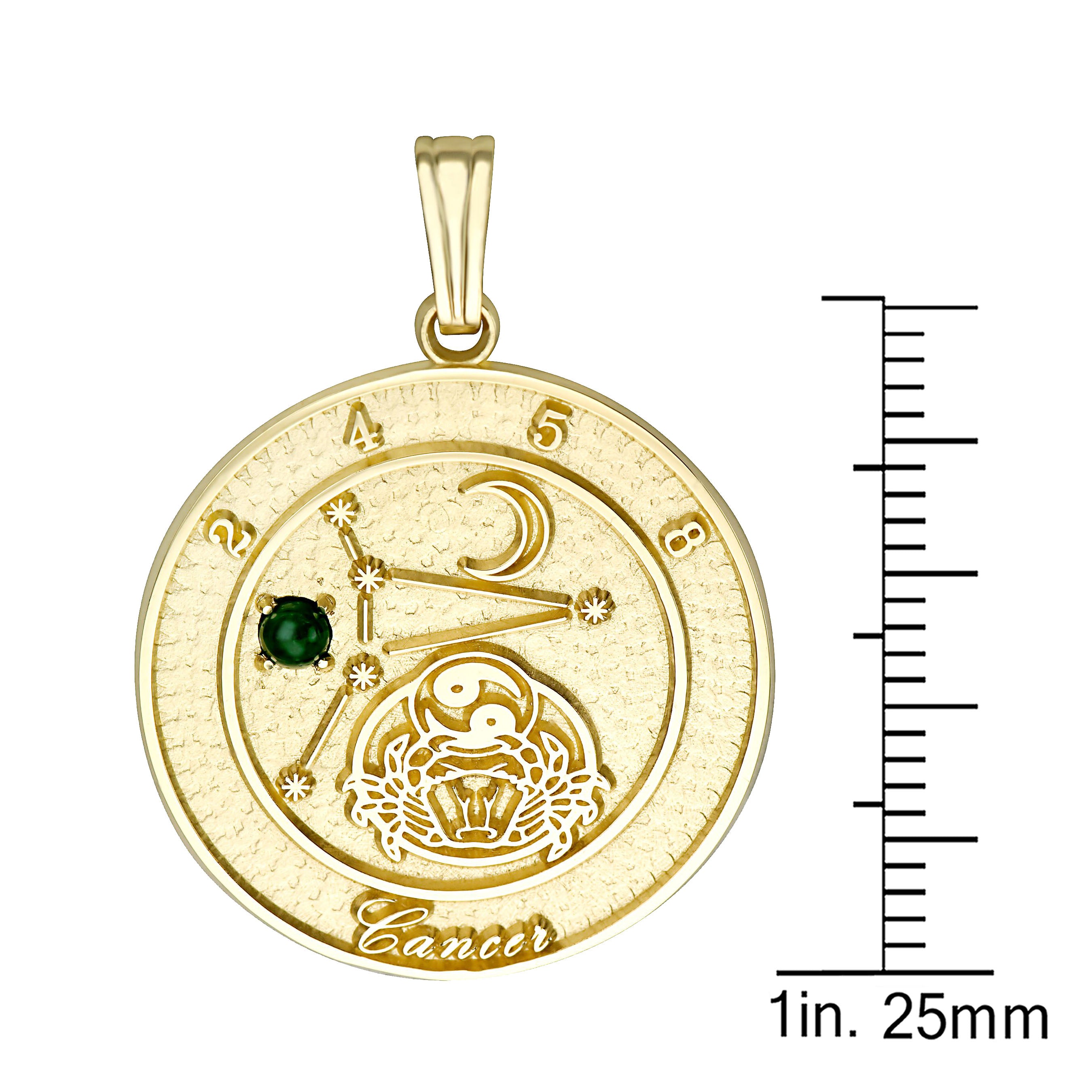 10k gold Cancer talisman pendant featuring emerald gemstone and Cancer zodiac symbols.