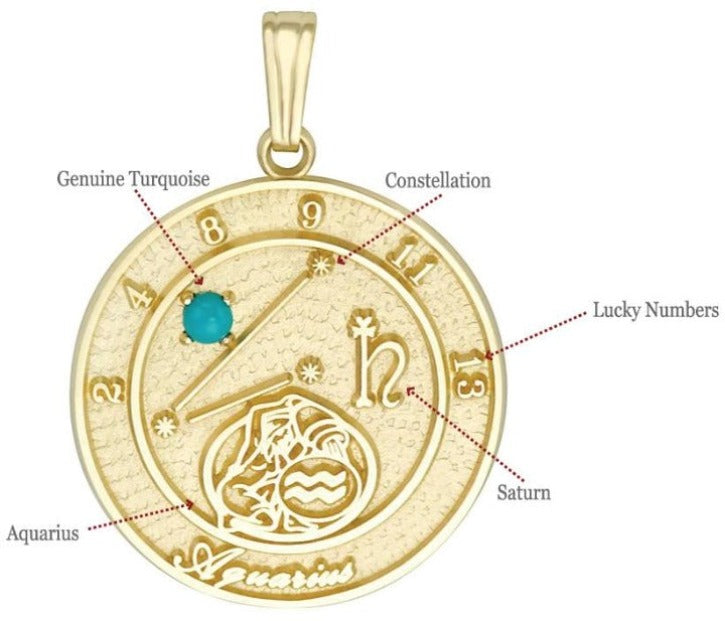 Front view of 10K gold Aquarius zodiac talisman pendant featuring turquoise stone