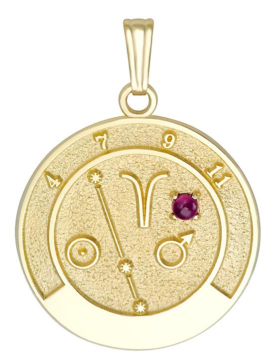 14k gold Aries talisman pendant with ruby gemstone and Aries zodiac design