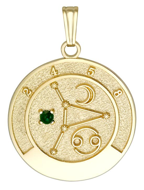 14k gold Cancer talisman pendant featuring emerald gemstone and Cancer zodiac symbols.