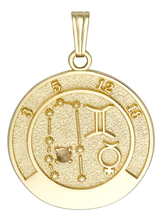 14k gold Gemini talisman pendant featuring topaz gemstone and Gemini zodiac symbols.