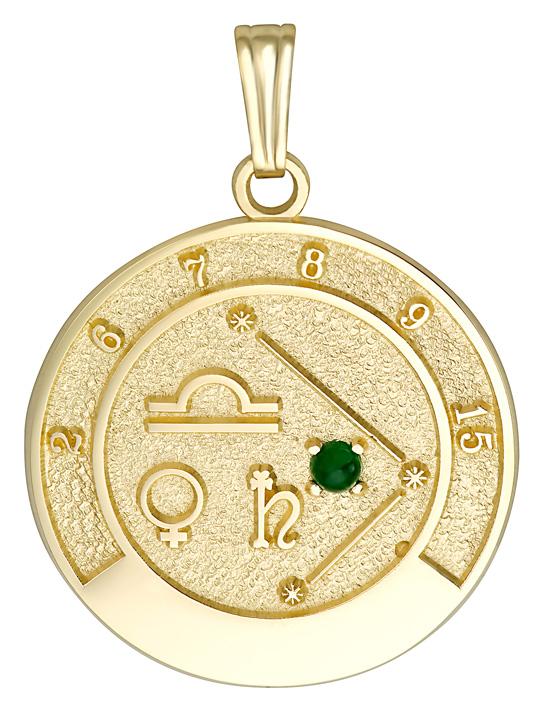 14k gold Libra talisman pendant featuring emerald gemstone and Libra zodiac symbols.
