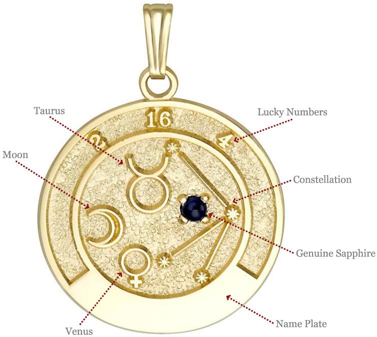 Close-up of Taurus talisman pendant in 14K yellow gold with a 2.5mm sapphire stone.