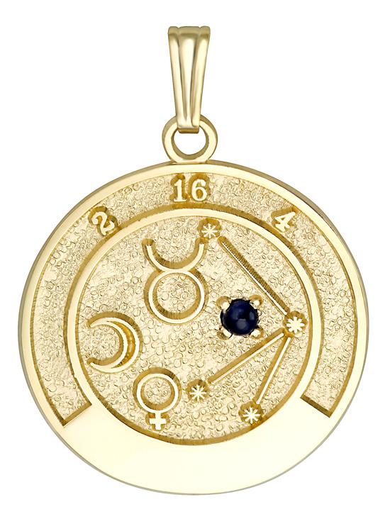 14k gold Taurus talisman pendant featuring sapphire gemstone and Taurus zodiac symbols.
