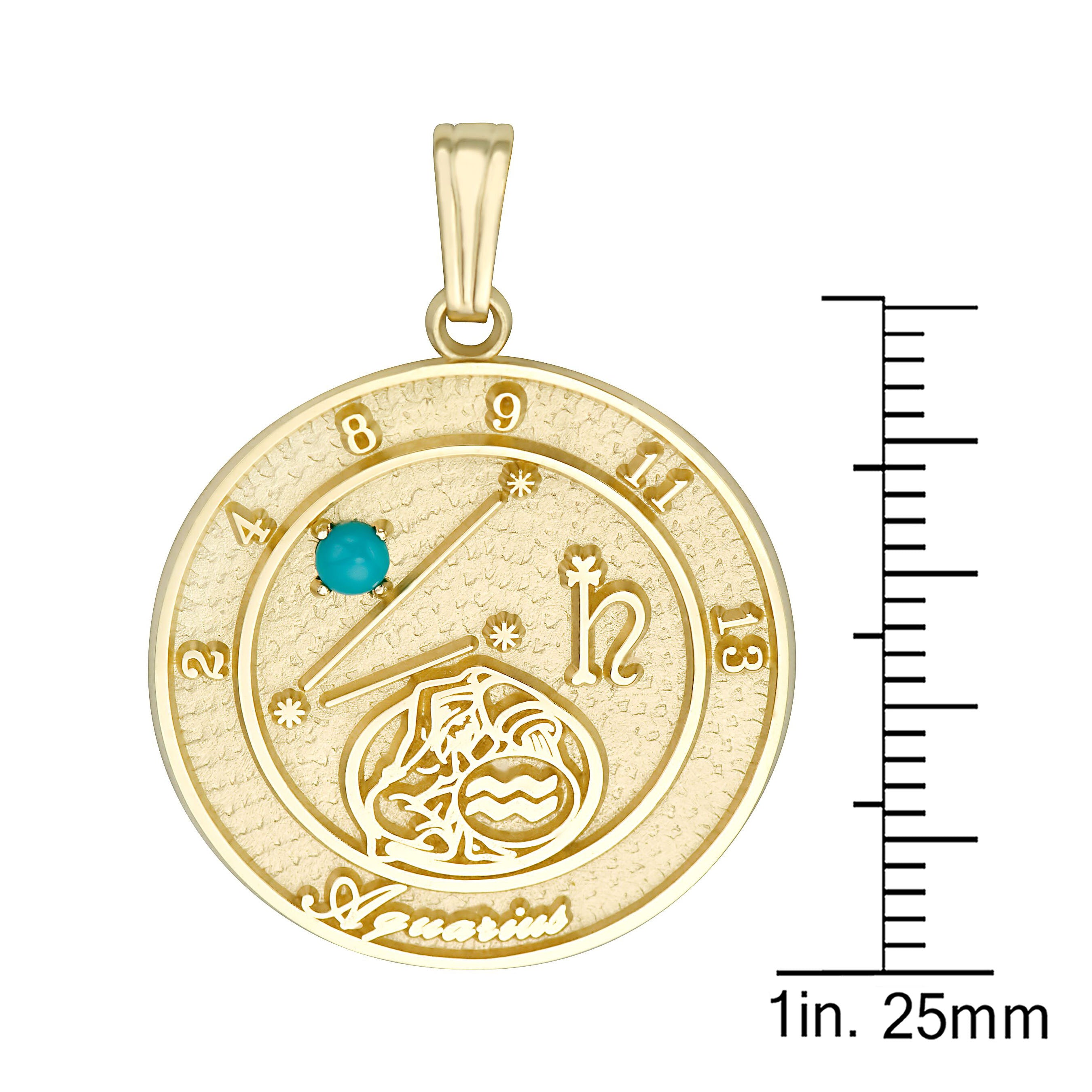 Close-up of Aquarius talisman pendant in 10K yellow gold with turquoise gemstone