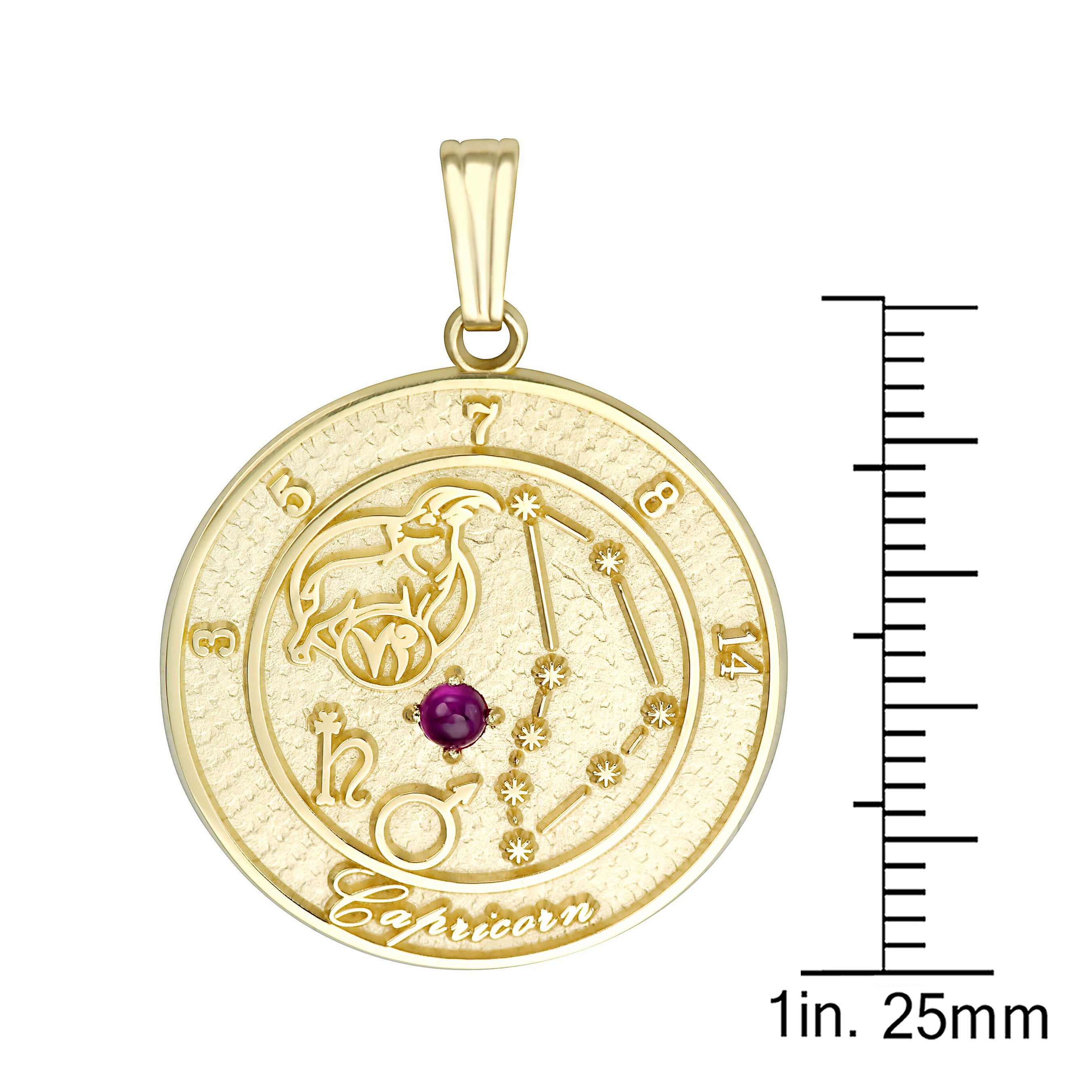 10K gold Capricorn talisman pendant with ruby stone and Capricorn constellation design
